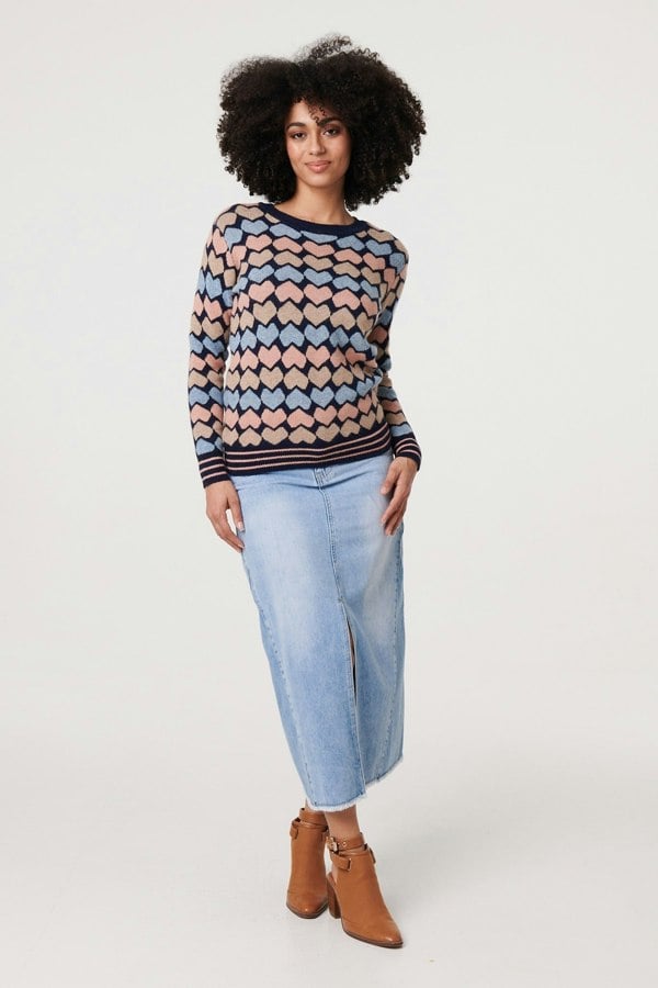 Navy | Heart Print Long Sleeve Jumper
