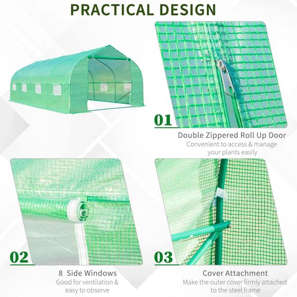 Green greenhouse with side windows and double zippered roll-up door