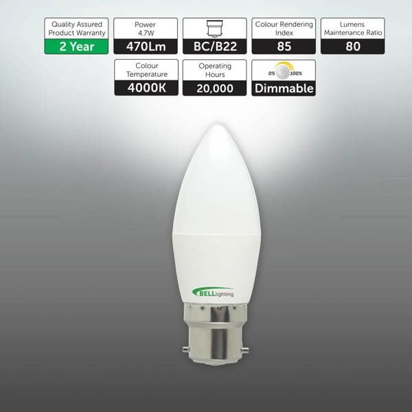 BELL Lighting Dimmable B22 LED Candle Bulbs 4.7W 470lm , Natural White 4000K , Energy Saving 40W Equivalent, Bayonet Cap