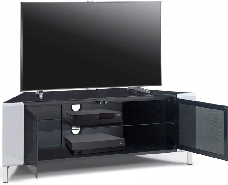 MDA Designs CORVUS Corner-Friendly Gloss Black Contemporary Cabinet with White Profiles Black BeamThru Glass Doors for Flat Screen TVs up to 50"