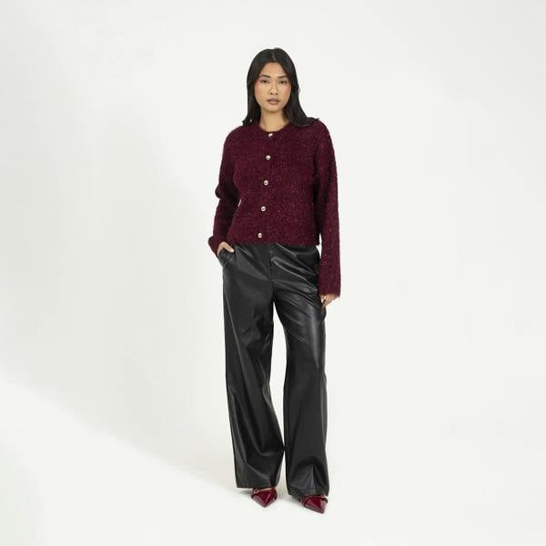 Brave Soul Wine Fluffy Tinsel Knit Cardigan - Wine Image 3
