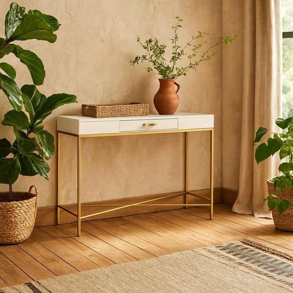 Wyld Haus Genoa White Gloss and Gold Console Table with Drawer