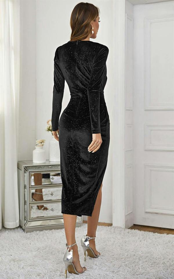 FS Collection Star Night Sky Velvet Wrap Long Sleeve Midi Dress In Black