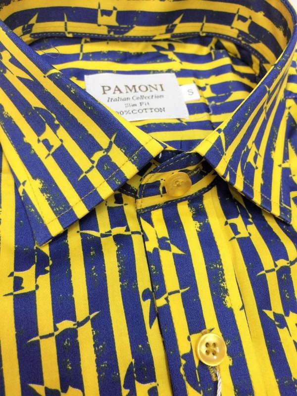 Yellow Stripe Print Design Short Sleeves Shirt Men's Shirt