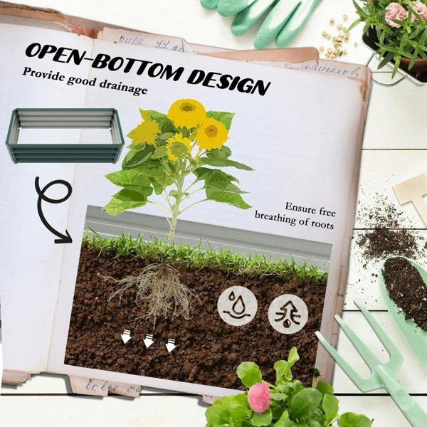 Green steel planter boxes shown on packaging with open-bottom design
