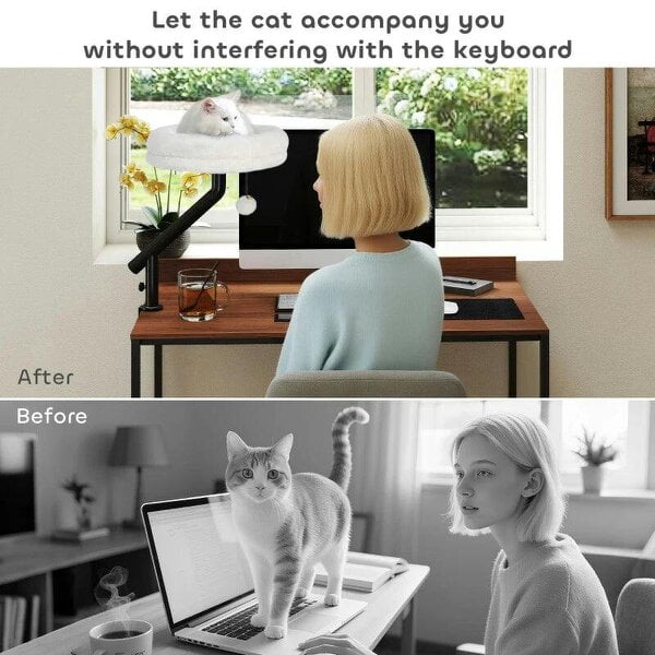 Cat Desk Bed, Cat Hammock 360° Rotatable Adjustable for Window, Table, Work, Cream White