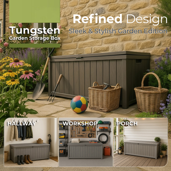 Homeology TUNGSTEN 450 Litre 119 Gallon Waterproof Extra Large Lockable Easy-Open Garden Storage Box in Grey