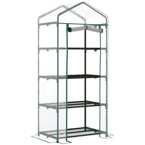 Green mini greenhouse with clear cover and four-tier shelves, metal frame