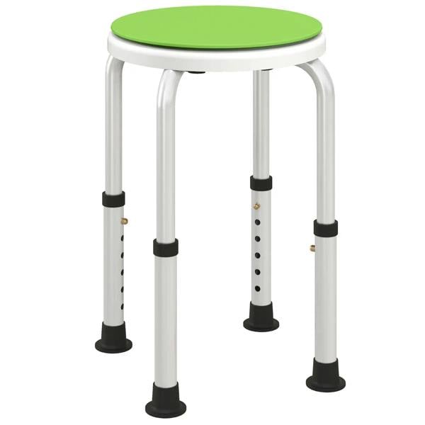 Height-adjustable shower stool with round green seat and non-slip black feet