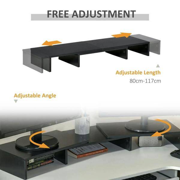 Black adjustable monitor stand riser with angled legs and extended length