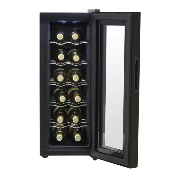 12 Bottle Freestanding Wine Cooler Fridge LED Backlit Metal Shelf BLACK & GLASS - LoopsDirect