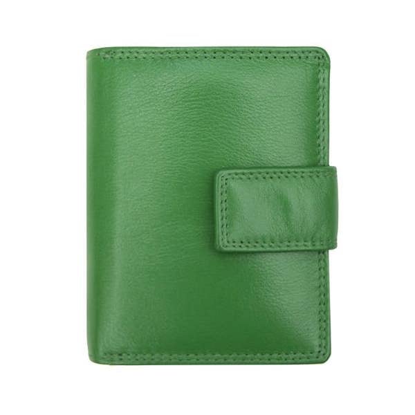 Soft green leather trifold purse with secure tab fastening – front view