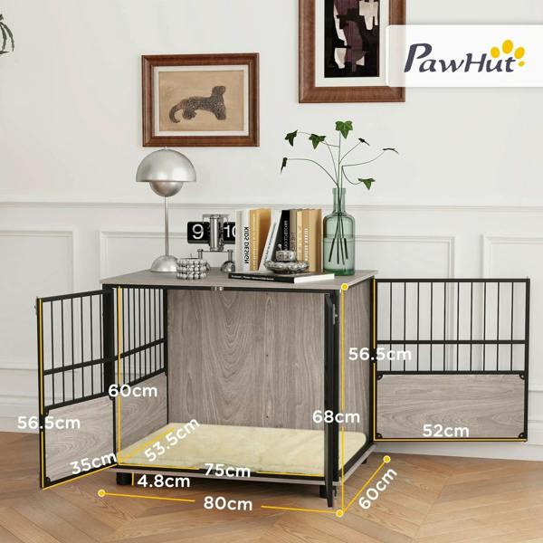 Dog crate end table showing front opening, dark metal frame, and brown wood-look panels
