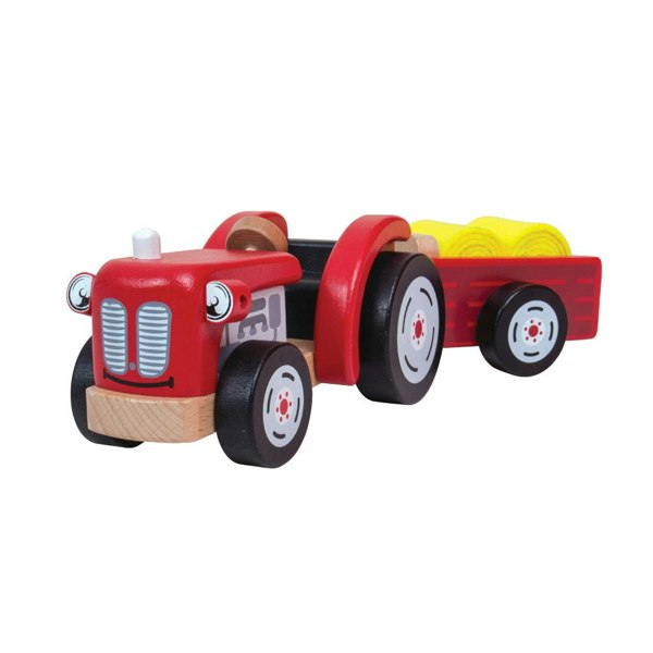 Tidlo Wooden Red Tractor & Trailer Toy - Includes 2 Felt Hay Bales