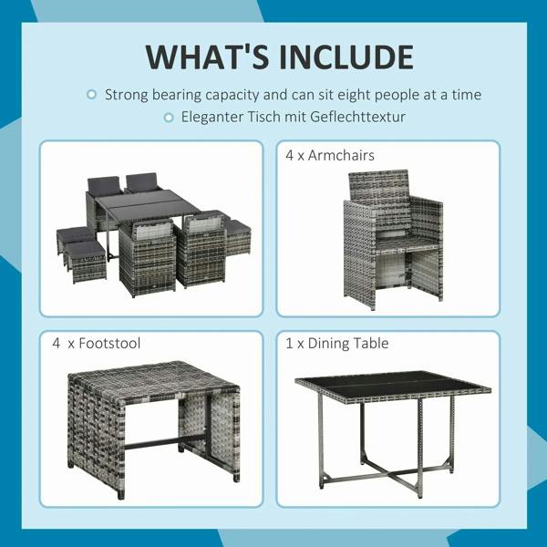 Grey rattan dining set includes 4 armchairs, 4 footstools, and 1 dining table