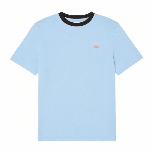 Lacoste powder blue t-shirt with a black crew neck and orange crocodile logo.