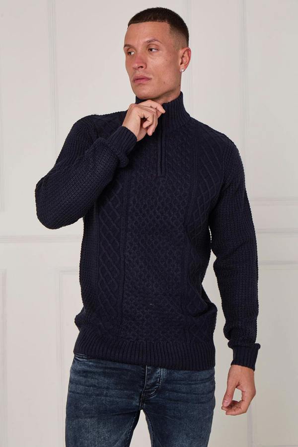 Men’s Half Zip Cable Knit Textured Jumper