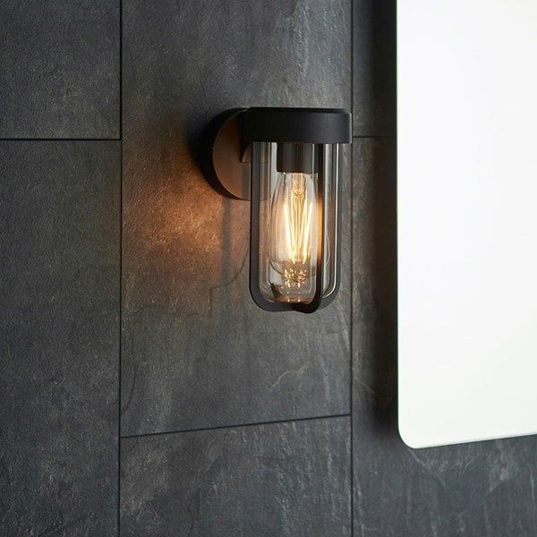 Matt Black Outdoor Wall Light with Clear Glass Shade - IP44 Rated - LED Bulb