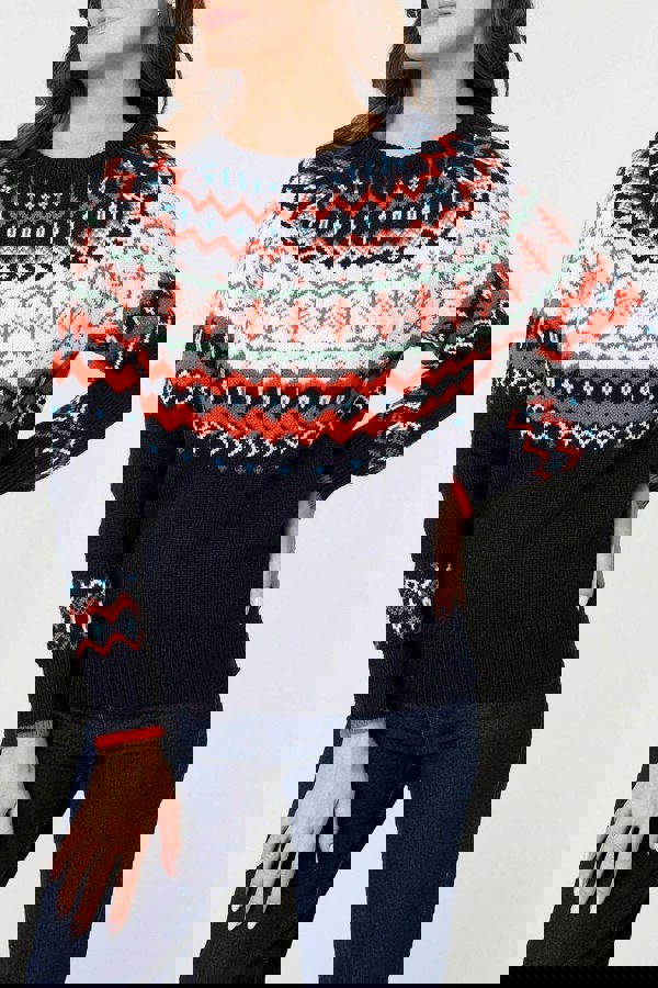 Navy | Ikat Print Long Sleeve Knitted Top
