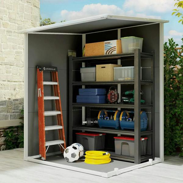 Grey storage shed interior with shelves and organizer bins, tools and yellow hose coiled