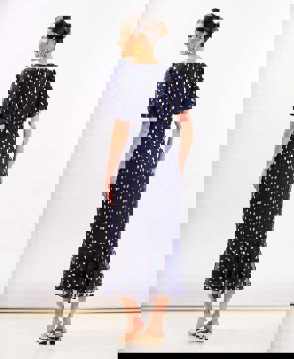 Navy Chiffon Foil Puff Sleeve Midi Dress