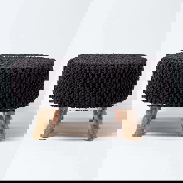 HOMESCAPES Large Round Cotton Knitted Footstool on Legs