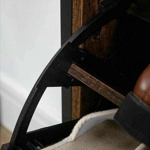 Flip-door hinge and interior shelf detail on rustic brown wood-effect shoe cabinet