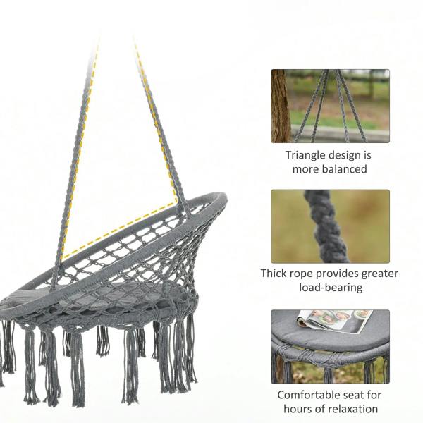 Grey macrame hanging rope chair with round net seat, thick rope weave, and fringe tassels