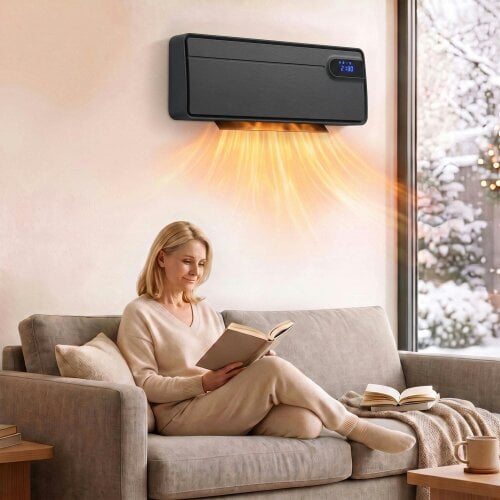 HOMCOM Smart Electric Heater, 2000W Ceramic Wall Mounted, Fan, Black
