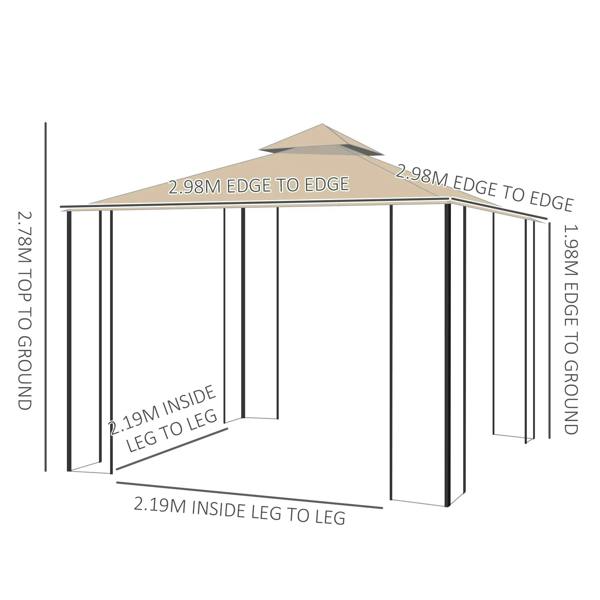 Gazebo size diagram with inside leg-to-leg and ground dimensions