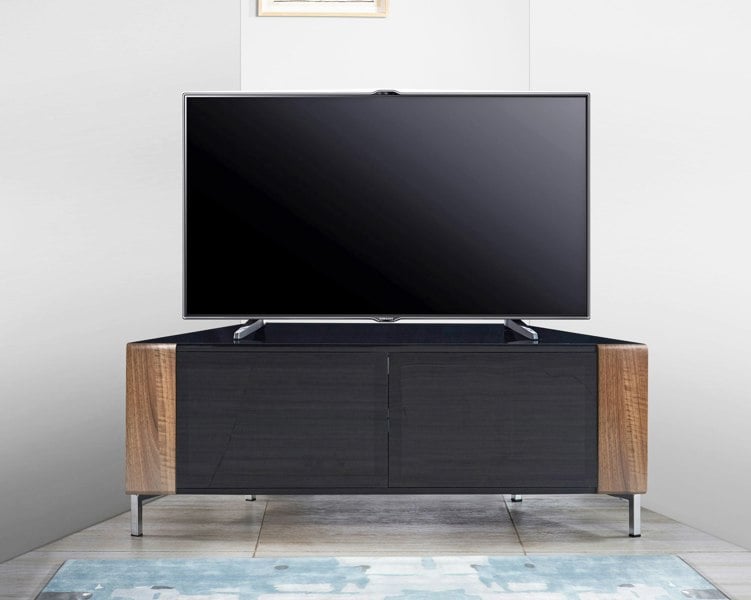 MDA Designs CORVUS Corner-Friendly Gloss Black Contemporary Cabinet with Walnut Profiles Black BeamThru Glass Doors for Flat Screen TVs up to 50"