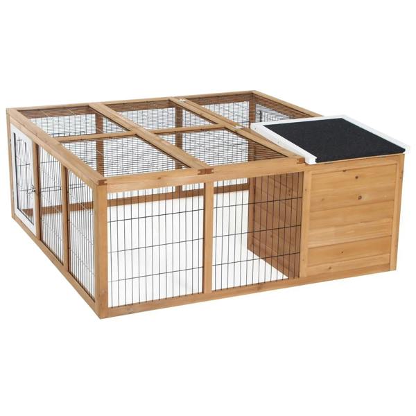 Outdoor rabbit hutch run cage with wire mesh walls and black asphalt roof on top