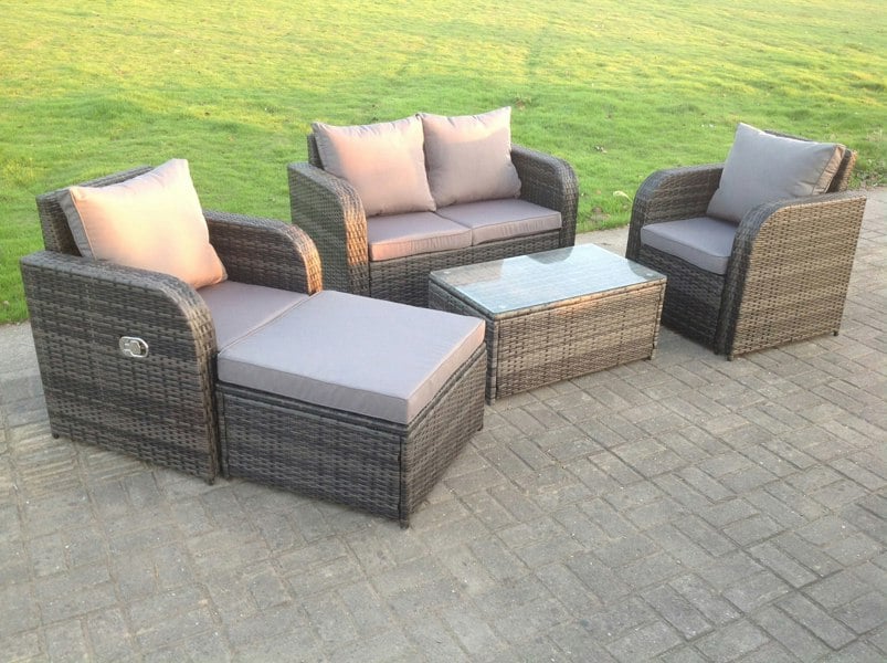 Fimous Rattan Garden Furniture Set Adjustable Chair Sofa Double Love Seat 2 Seater Sofa Oblong Coffee Table Footstool