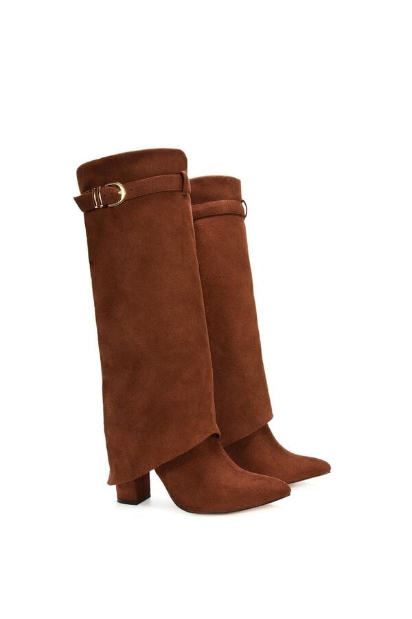 XY LONDON Fold Over Boots Block Heel Buckle Point Toe