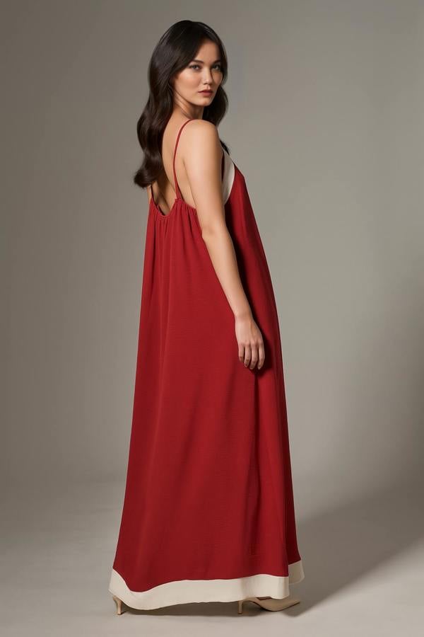 Hoxton Gal Relaxed Fit Cami Midi Dress in Burgundy and Beige