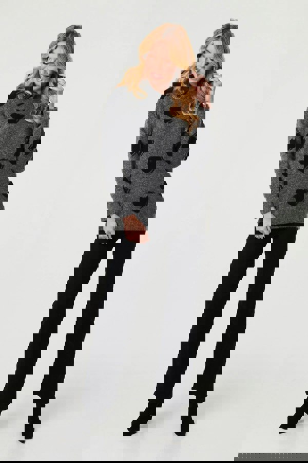 Grey | Heart Print Denim Trim Collar Jumper
