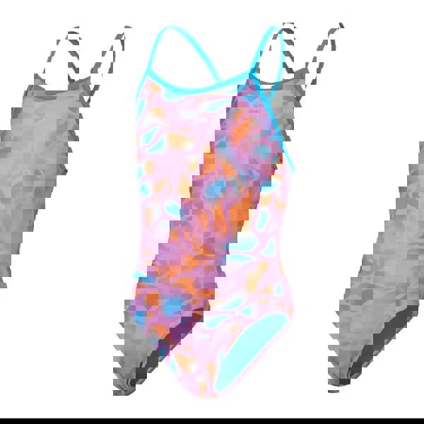 Speedo girls allover thinstrap muscleback swimsuit in purple orange with multicolored abstract print and teal straps