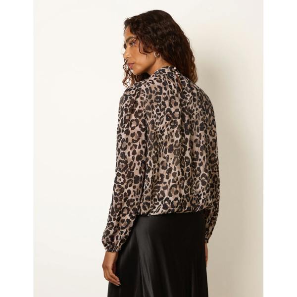 Blue Vanilla Leopard Diamante Tie Neck Puffball Blouse
