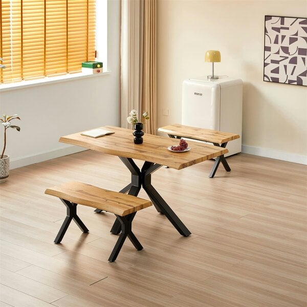 Kosy Koala Wooden Dining Table and 2 Benches Set with X-Shaped Iron Legs, Curved Edge for Dining Room