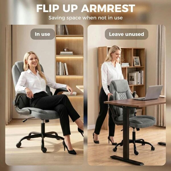 Linen-Look Computer Desk Chair, Executive Office Chair with Flip-Up Armrests and Thick Cushion, Grey