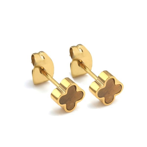 Say It With Tiger Eye Crystal Clover Earrings - Yellow Gold