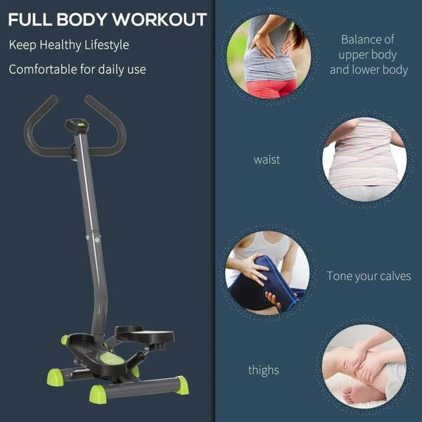 Grey stepper with twin foot pedals and padded handlebars, full-body workout view