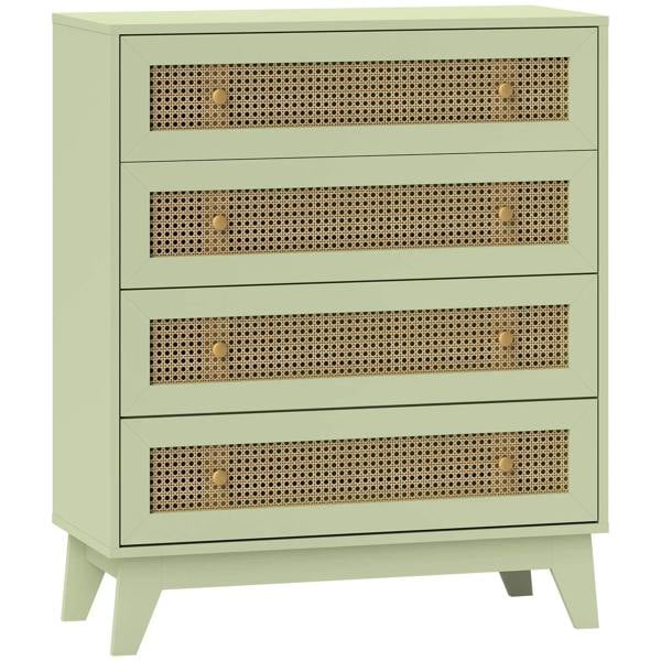 Light green 4-drawer chest with woven rattan fronts and brass knobs on each drawer