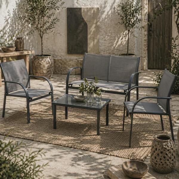 Wyld Haus Babane 4 Seater Minimal Garden Patio Set Grey Mesh Aluminium Frame