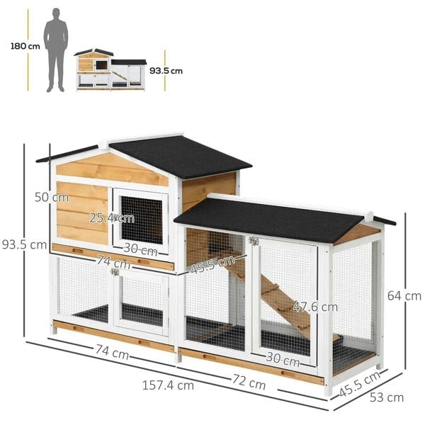 Side view of wooden rabbit hutch with two-level runs, house opening, and wire-mesh panels