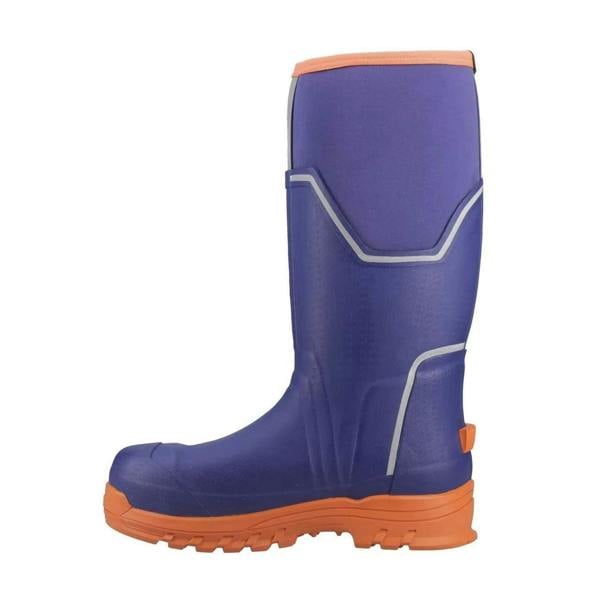 Muck Boots MUCK Boots GRIT S5 Womens Tall Safety Composite Toe/Midsole Wellie, a high-visibility blue and orange safety work boot with reinforced toe and midsole for women.