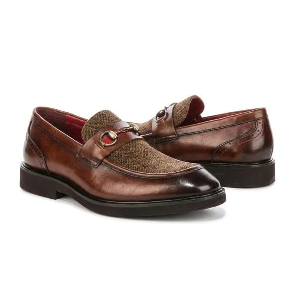 Justin Reess Tristian - Men's Tan Leather Herringbone Tweed Loafers