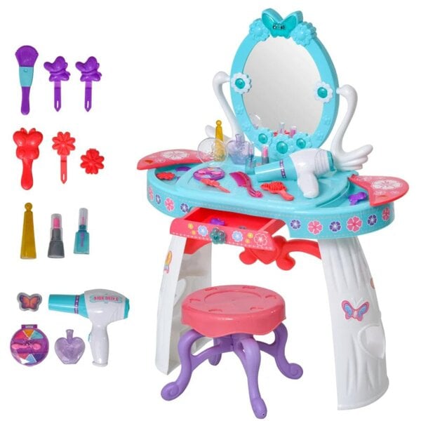 HOMCOM Kids Pretend Play Plastic Vanity Table Set - Blue