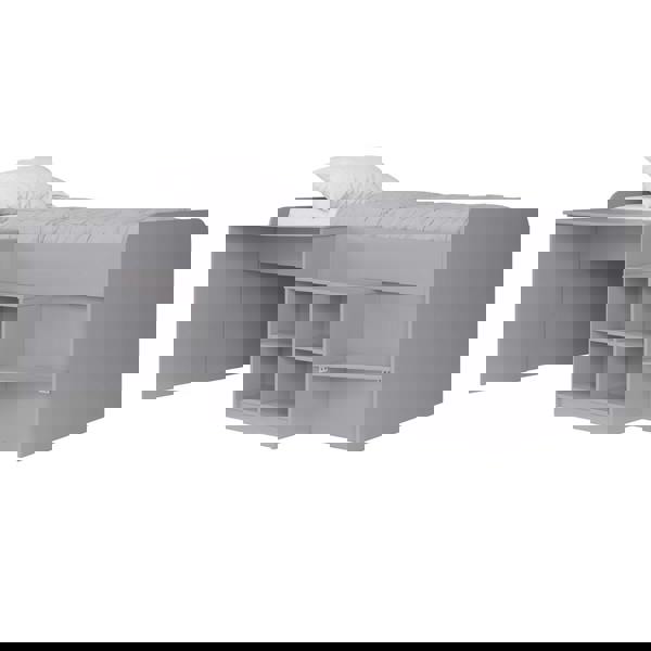 Front left side view of a grey mid sleeper bed frame with a built-in bookcase and desk.