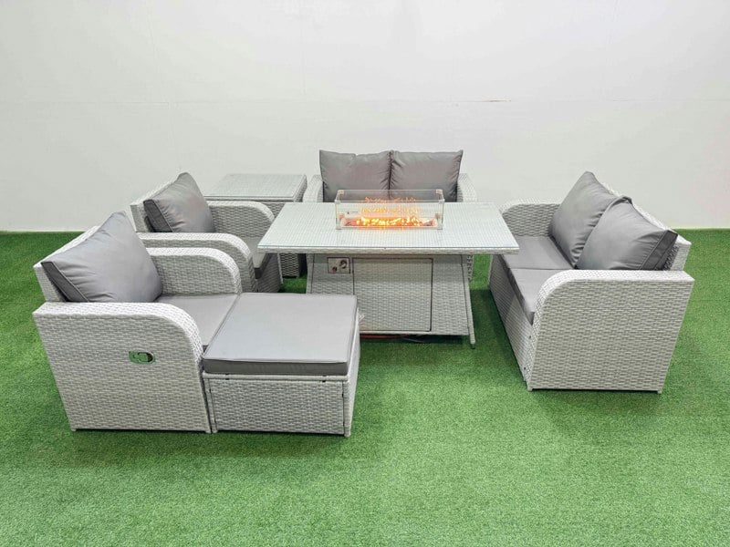 Fimous 7 Seater Outdoor Reclining Chair Love Sofa Set Rattan Garden Furniture Set with Fire Pit Dining Table Footstool Side Table Light Grey